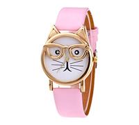 Montre à quartz tendance avec cadran chat avec lunettes pour femme et homme avec bracelet en cuir, rose, taille unique