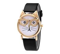 Montre à quartz tendance avec cadran en forme de chat avec lunettes et chiffres pour femme, Noir , taille unique