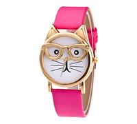Montre à quartz tendance avec cadran en forme de chat avec lunettes pour femme, rose vif, taille unique