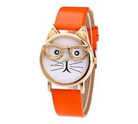 Montre à quartz tendance avec cadran en forme de chat avec lunettes pour femme sans pile, Orange, taille unique