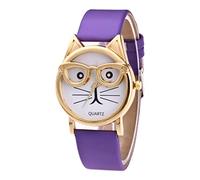 Montre à quartz tendance avec cadran en forme de chat avec lunettes pour femmes âgées, violet, taille unique