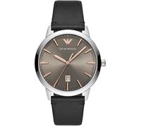 Emporio Armani Montre pour homme, mouvement à trois aiguilles avec date, boîtier en acier inoxydable argenté de 43 mm avec bracelet en cuir, AR11277