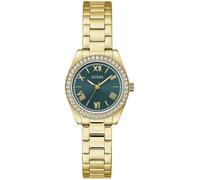 Guess Montre pour Femme GW0841L9 Mini Luna 30 mm en Acier Inoxydable Vert, Cadran Bleu, Verre minéral, 3 ATM, oxyde de Zirconium, Bracelet à maillons Or 14 mm