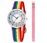 Montre-bracelet à quartz analogique pour enfants - 2 pièces - Bracelet interchangeable en textile - Pour apprendre à lire l'heure, Rose + arc-en-ciel, Sangle