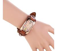 Montre Bracelet Quartz Pierre Vintage pour Femme - Cuir Véritable, Numérique Rectangle (Light Coffee)