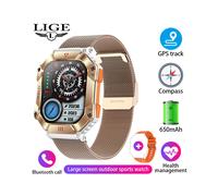 Montre connectée adulte avec boussole (Batterie 650 mA, bracelet en maille dorée) compatible Android