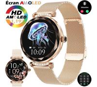 Montre Connectée Femme XtraDiTech Alliage Diamanté 3D Losange Polygonal Rond Écran AMOLED 1,19” Mignon 2 Bracelets Acier et