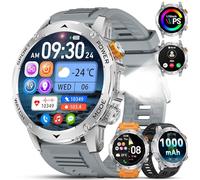 Montre Connectée Homme 1000mAh/LED Lampe,1.75" Militaire Smartwatch Homme avec Appel Bluetooth,5ATM Étanche 113 Modes Sportifs,24H Sommeil/Fréquence Cardiaque/Podomètre Android iOS 3 Bracelets Argent