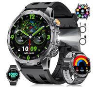 Montre Connectée Homme avec Batterie 1000mAh pour Android iOS, 1,53'' HD Grand Écran Montre Intelligente Militaire avec 24H Fréquence Cardiaque/129 Modes Sportifs/Étanche IP68/Torche, Gris-Noir