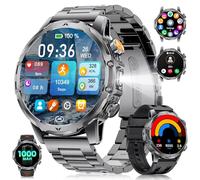Montre Connectée Homme avec Batterie 1000mAh pour Android iOS, 1,53'' HD Grand Écran Montre Intelligente Militaire avec 24H Fréquence Cardiaque/129 Modes Sportifs/Étanche IP68/Torche, Noir-orange