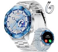 Montre Connectée Homme Luxe avec Appel Bluetooth/2 Bracelet,1.43‘’ AMOLED Écran,800mAh,IP68 Étanche Fitness Tracker avec Moniteur de Fréquence Cardiaque/SpO2/Sommeil,pour Android iOS,Bleu Argenté