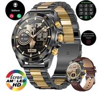 Montre Connectée Homme XtraDiTech Bracelet Acier INOX Noir Doré Contrasté Luxueux 1,43 AMOLED Appel Bleutooth Assistant Vocal Micro