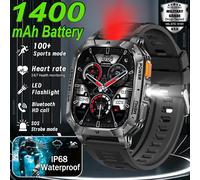 Montre connectée militaire pour hommes, batterie 1400 mAh, étanche IP68, lampe de poche, moniteur de santé, appels sportifs, pour iOS et Android, nouvelle collection Blue Camouflage