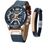Montre de luxe pour homme - Bracelet en cuir - Chronographe et bracelet tendance - Bleu ou noir - Design militaire - Étanche - Cadeau, Bleu, Montre à quartz, chronographe