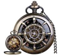 Montre de poche mécanique squelette à remontage manuel avec chaîne à chiffres romains pour homme, Bronze/rose