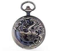 Montre de poche mécanique vintage Steampunk avec motif sculpté chiffres romains et chaîne et boîte, Bronze et bleu