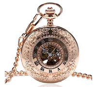 Montre de Poche Or Rose Chiffres Romains Boîtier Creux Conception Squelette Mécanique 30cm Chaîne Cadeaux Créatifs pour Noël Anniversaire/Jour d'anniversaire