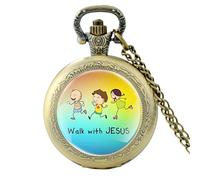 Montre de poche vintage avec verset de la Bible « Walk with Jésus » à quartz noir pour homme et femme avec pendentif chrétien, 25 mm, Verre
