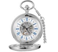 Montre de poche vintage mécanique steampunk avec chiffres romains et chaîne et pendentif coffret cadeau, Silver&white, Classique