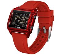 Montre de sport numérique rectangulaire étanche - Grand nombre - Chiffres lumineux - Avec chronographe chronomètre - Alarme - Multifonction - Pour homme et femme - Multicolore - Unique, rouge, lanière