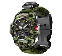 Montre de survie numérique militaire 23 en 1 pour homme, tactique, multifonction et réglable, étanche, double cadran avec boussole et bracelet en paracorde, Green Cam, Numérique