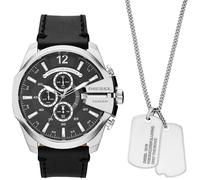 Diesel Montre pour homme Mega Chief, mouvement chronographe, boîtier en acier inoxydable argenté de 51 mm avec bracelet en cuir, DZ4559