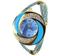 Montre élégante avec cadran rond à cristaux et bracelet jonc pour femme - bleu - taille unique