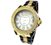 MONTRE ERNEST FEMME ACIER NOIR OR DORE BLANC TOP LUXE BIJOUX STRASS QUARTZ IDÉE CADEAU