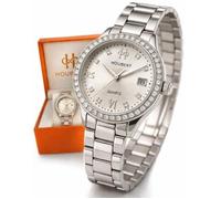 Montre Femme Argentée Quartz - Marque Française - Acier Inoxydable - Cadran Cristaux & Date - Étanche 3ATM - Coffret Cadeau