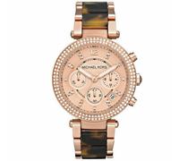 Montre femme Michael Kors Parker MK5538 - bracelet acétate tortue et acier doré rose, cadran rose, lunette Swarovski