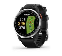 Garmin Approach® S44 Essential Golf GPS Smartwatch Écran AMOLED Fonctionnalités sur le terrain Lunette en aluminium argenté avec bracelet en silicone noir