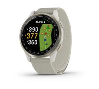 Garmin Approach® S50 Montre intelligente GPS de golf avancée, écran AMOLED, fonctionnalités sur le terrain, fréquence cardiaque au poignet, lunette en aluminium doré crème avec bracelet en nylon