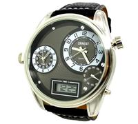 MONTRE HOMME 3 FUSEAUX DIGITALE + AIGUILLES NOIR ARGENT CUIR XL BOSS ROND CLASSE IDÉE CADEAU