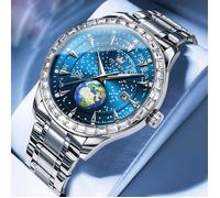 Montre homme de luxe cadran étoilé terre affichage du calendrier diamant étanche lumineux bracelet en acier