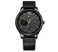 Tommy Hilfiger Montre Multifonction à Quartz pour Homme de 44 mm - Cadran Noir avec Motif Clou de Paris, Bracelet en Maille Acier Inoxydable Noir, Résistante à l'eau 5ATM - 1791420