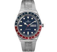 Timex Montre pour Homme Q Boîtier en Acier Inoxydable pour Homme en Acier argenté Mouvement à Quartz Cadran Bleu Bracelet en Acier argenté avec Fermoir déployant 5 ATM