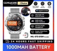 Montre Intelligente Militaire Hommes 1000Mah Grande Batterie Lampe De Poche Led Gps Sport 1.7 "Hd Amoled 5Atm Étanche Bt Appel Smartwatch Nouveau.Silver Mesh Belt.1000Mah Battery