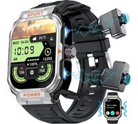 Montre Intelligente Militaire pour Homme avec Casque TWS Bluetooth Appel Sports de Plein air Fitness Tracker d'activité Moniteur de santé Montre Musicale pour iPhone Android (Silicone Noir)