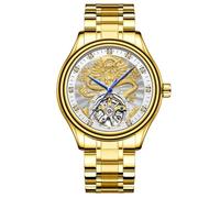 Montre mécanique automatique à tourbillon pour homme avec cadran sculpté motif dragon doré, échelle de diamant, bracelet étanche en acier inoxydable, Doré/blanc, Luxe :