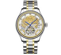 Montre mécanique automatique à tourbillon pour homme avec cadran sculpté motif dragon doré, échelle de diamant, bracelet étanche en acier inoxydable, argenté/blanc, Luxe :