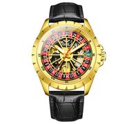 Montre mécanique automatique avec cadran rotatif, cadran rotatif, bracelet en cuir véritable, étanche et luxueux, doré, doré, Luxe :