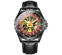 Montre mécanique automatique avec cadran rotatif, cadran rotatif, bracelet en cuir véritable, étanche et luxueux, doré, noir, Luxe :