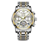 Montre Mécanique Automatique Multifonctionnelle Etanche Homme Squelette Lumineux Acier Inoxydable, Farine dorée blanche, Classique