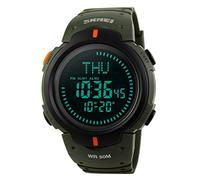 Montre numérique de sport militaire pour homme avec boussole de survie étanche jusqu'à 50 m, compte à rebours 3 alarmes, chronomètre (C-noir) (vert armée)