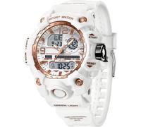 Montre numérique de sport pour femme - Étanche - Analogique - Style militaire - Avec LED - Chronomètre lumineux - Alarme - Double heure - Pour femmes et filles, Or rose blanc.