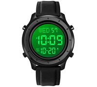 Montre numérique en cuir avec grand cadran pour homme - Affichage simple - Compte à rebours - Alarme - Rétroéclairage LED - Multifonction, noir, Décontracté