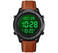 Montre numérique pour homme à grand cadran en cuir avec affichage simple et grand écran compte à rebours alarme, chronomètre, rétroéclairage LED, Cadran marron et noir, Décontracté