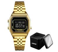 Montre Numérique Rétro Homme Femme, Étanche 30M, Bracelet Acier Inoxydable, LED avec Alarme, Date, Chronomètre, Rétroéclairage, Heure 12 et 24H(Gold 3)