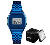 Montre Numérique Rétro Homme Femme, Étanche 30M, Bracelet Acier Inoxydable, LED avec Alarme, Date, Chronomètre, Rétroéclairage, Heure 12 et 24H(Blue)