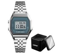 Montre Numérique Rétro Homme Femme, Étanche 30M, Bracelet Acier Inoxydable, LED avec Alarme, Date, Chronomètre, Rétroéclairage, Heure 12 et 24H(Silver 1)